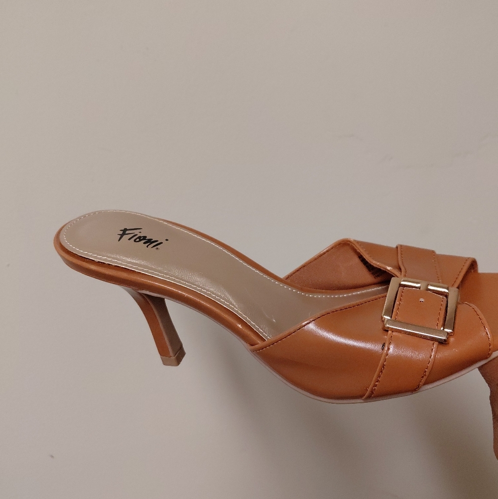 Fioni Camel Colored Brown Faux Leather Buckle Open Toe Heeled Mules 6 - Picture 5 of 13